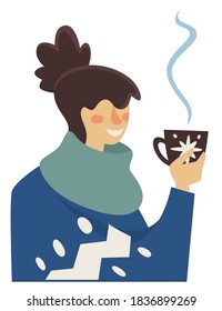 Female character enjoying cup of hot tea or coffee. Isolated lady wearing warm clothes and scarf drinking warm beverage poured in mug. Wintertime mood and holidays celebration. Vector in flat style