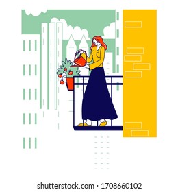 Female Character Enjoying Gardening Hobby Watering Plants on Balcony during Covid19 Pandemic Quarantine Self Isolation. Every Day Routine and Household Activity at Home. Linear Vector Illustration