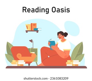 Female character enjoying her free time reading a book. Young woman sitting with a book in the living room. Studying routine or relaxation hobby. Daily lifestyle. Flat vector illustration