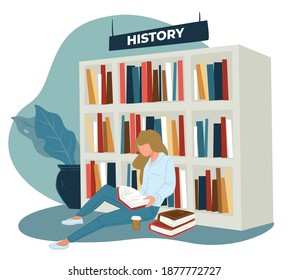 Female character enjoying history books and publication on ancient times. Library or store with different scientific textbooks. Student or bookworm with coffee cup on floor. Vector in flat style