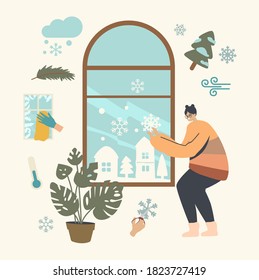 Female Character Enjoying Winter Holidays Preparation Decorating Window for Christmas or New Year with Paper Snowflakes. Girl Relaxing at Wintertime Season, Home Spare Time. Linear Vector Illustration