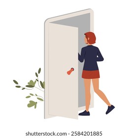 Female Character Entering Open Door In Flat Vector Illustration Symbolizing New Beginnings, Opportunities, And Career Transition, Isolated On White Background.