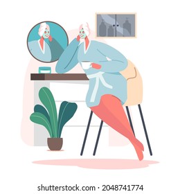 Female Character, Every Day Routine, Bath Relax. Hygiene Procedure in Bathroom. Young Adorable Woman Sitting in front of Mirror Applying Facial Mask after Shower. Cartoon Vector Illustration
