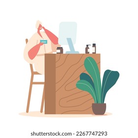 Personaje Femenino Cada Día Rutina, Bath Relax. Procedimiento de higiene en el baño. Joven Adorable sentada frente al espejo, aplicando máscara facial tras ducha. Ilustración del vector de dibujos animados
