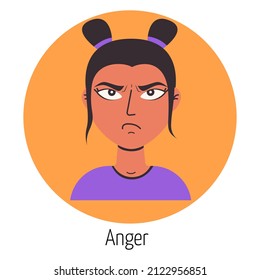 Female character with a evil face. Facial expression. Young woman feeling. Beautiful woman portrait. Woman avatar, emoji