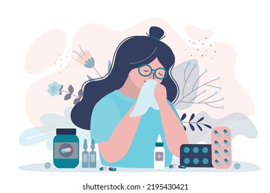 Female character experiencing severe allergies during flower bloom. Girl uses medication to suppress allergies. Woman with runny nose suffering from allergens. Seasonal allergy. Vector illustration