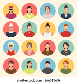 female character faces avatars. flat style vector people icons set