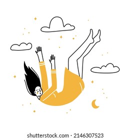 Female character falling down from thw sky. The concept of a personal crisis and loss of inner support. Mental health problem. Outline, thin line art, linear, doodle, hand drawn vector sketch design.