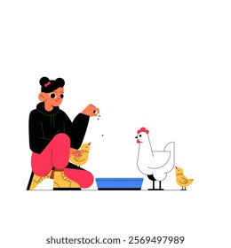 Female Character Feeding Chickens In Flat Vector Illustration Symbolizing Farming, Poultry Care, And Sustainable Agriculture, Isolated On White Background