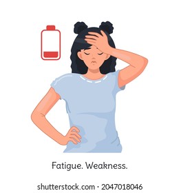 The female character feels exhausted, weak, tired during the illness. The girl is sick. Flu, cold, viral diseases. Symptoms of coronavirus. Vector illustration isolated on a white background