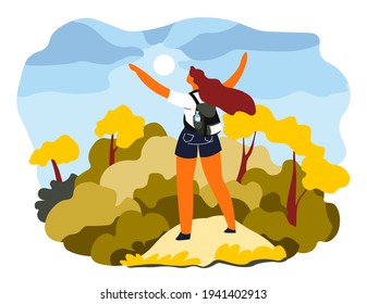 Female character filled with emotions of freedom and success standing on high summit stretching arms. Proud woman on top of mountains looking at trees and sun up in sky. Vector in flat style