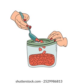 
Female character is filling plastic bag using spoon for freezing and storage. Canning process, food preservation concept. Hand drawn cartoon style vector illustration.