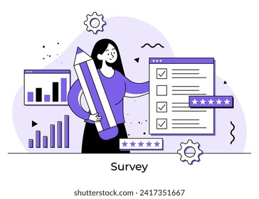 Female character filling survey concept flat illustration, Customer experience and satisfaction, Quiz exam paper sheet document, clipboard with checkboxes, checklist, complete tasks, To-do list