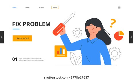 Female character fixig problem with software or . IT specialist, , web developer or pc programmer concept. Flat cartoon outline vector illustration. Landing page template. Abstract metaphor