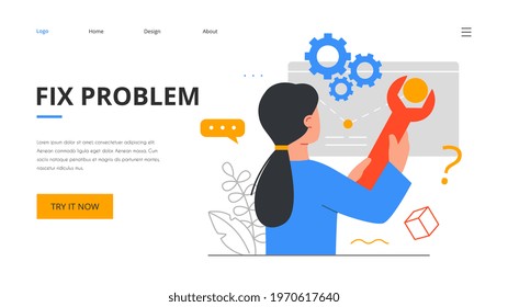 Female character fixig software problem. IT specialist, technician, web developer or pc programmer concept. Flat cartoon outline vector illustration. Website, web page, landing page template