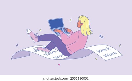 Female character floating on a large work document while using a laptop. Casual outfit. Concept of remote work, paper tasks, and productivity. Flat, vector, illustration, isolated.