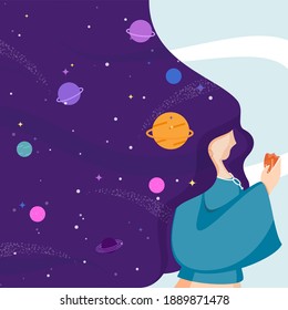 Female Character With Flowing Hair And Outer Space Or Dream Universe Background.