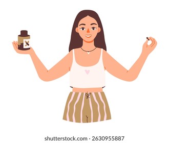 Female character focused on daily self-care, organic treatment, and balanced nourishment in a calm, wholesome style. Flat vector illustration of a woman’s wellness routine.