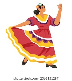 Female character folk dancing wearing traditional Mexican clothes and accessories. Isolated woman performer in dress making movements for show or festival, celebration festivity. Vector in flat style