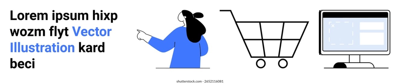 Os gestos de personagem feminina no texto, símbolo de carrinho de compras e monitor de computador com design minimalista. Ideal para e-commerce, compras on-line, tutoriais de tecnologia, material de marketing, negócios