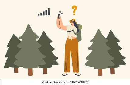 Personaje femenino perdido en el bosque. Dirección De Búsqueda De Mujeres Mediante La Aplicación De Navegación Por Satélite Smartphone. Aventura al aire libre, Recreación de Senderismo, Viaje en vacaciones de verano. Ilustración de vectores lineales