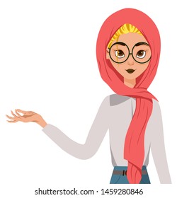Female character. Girl points to the right hand side. Vector illustration