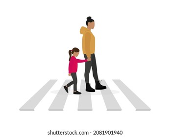 Female character and girl walking along a pedestrian crossing holding hands on a white background