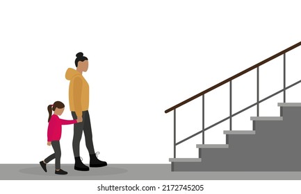 A female character and a girl are walking holding hands to the stairs on a white background