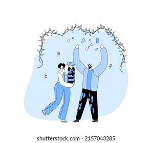 Female Character Give Presents to Man on Holidays or Birthday Celebration. Festive Event with Gifts. Happy Loving Couple, Colleagues or Friends Greetings. Linear Cartoon Flat Vector Illustration