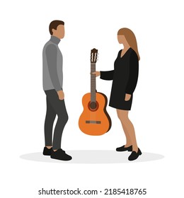 A female character gives a guitar to a male character on a white background