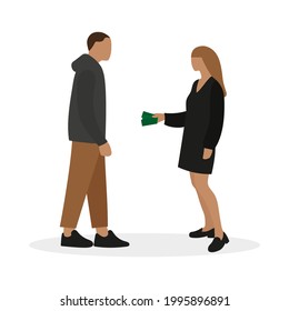 Female character giving money to male character on white background