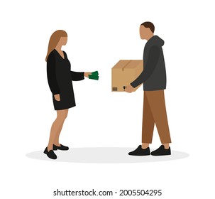 Female character giving money to male character with cardboard box in hands isolated on white background