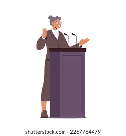 Female Character Giving Speech On Tribune Addressing A Large Audience With Passion And Conviction. Concept of Public Speaking For Political, Social, Or Educational Content. Cartoon Vector Illustration