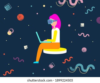 Female character with glasses virtual reality sees space with geometrical shapes. Vector flat cartoon illustration with a girl sitting with laptop. VR gaming, video gaming, online games entertainment