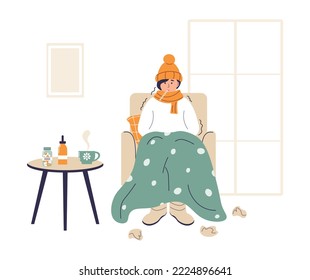 Female character got flu. Girl with cold is sitting in chair. Woman in hat and scarf with thermometer in her mouth. Flu illness person. Frozen woman is shivering from cold. Flat vector illustration.