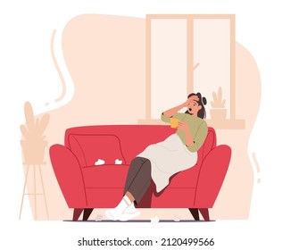 Female Character Got Flu or Influenza Symptoms. Seasonal Disease, Illness, Medicine and Sickness Treatment Concept. Sick Woman Having Cold Suffer of Pyrexia Fever. Cartoon People Vector Illustration