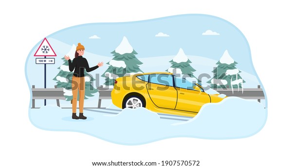 Female character got her car\
skidded on a slippery snowy road. Woman in standing near car in\
shock with a snowy road sign on the back. Flat cartoon vector\
illustration