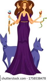 Female character greek god stand with mystery dog, divine many face woman maker isolated on white, cartoon vector illustration. Mythological hellenic mystery time, sacrament balance creator.