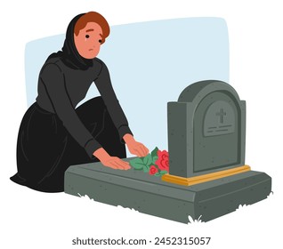 Personaje femenino de duelo en el cementerio. La Mujer Se Arrodilla, Las Lágrimas Fluyen, Antes De La Lápida Climatizada. Su Dolor Grabó En Cada Línea De Su Rostro, Un Lamento Silencioso. Ilustración vectorial de Personas de dibujos animados