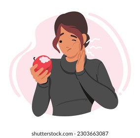 Female Character Grimacing With A Hand On Her Cheek, Holding An Apple. Woman Expressing Pain From Toothache, Seeking Relief and Need for Dentistry Treatment. Cartoon People Vector Illustration