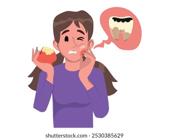 Female character grimacing with her hand on her cheek, holding an apple. girl expressing pain from toothache, seeking relief and needing dental treatment. Cartoon People Vector Illustration.