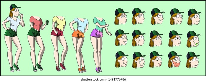 Female character group pack design with facial expressions and body poses. Gestures and emotions collection elements front standing posture. Bundle illustration woman body vector set comic.
