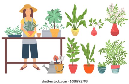 Plantas vectoriales femeninas, mujeres con decoración floral en ollas. Estantes de madera, lata de riego y palas, instrumentos para el hobby de jardinería