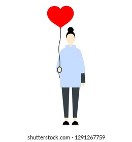 Female character with hair bun holding a red balloon heart. Saint Valentines Day. Love. Flat editable vector clip art
