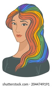 Female character with hair dyed in rainbow colors, isolated woman supporting lgbt movement and pride. Protester or rebellious teenager, fashionable lady with contemporary hairdo. Vector in flat style