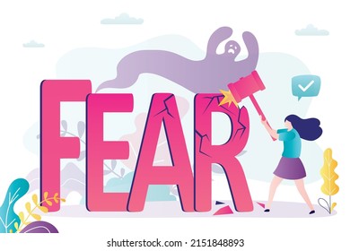 Female character with hammer breaks inscription fears. Brave woman fights fears and solves mental problems. Girl successfully overcome phobias, risks. Anxiety disorder concept. Vector illustration