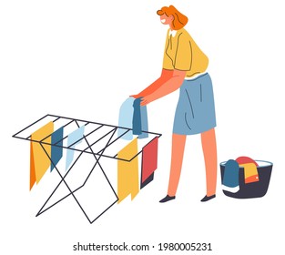 Female character hanging wet clothes at line for drying it. Isolated housewife doing chores and work, cleaning and tidying up. Hygiene and cleanliness of apartment and garment. Vector in flat style