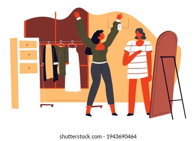 Female character happy to find perfect outfit in shop. Woman wearing fashionable clothes and choosing right outlook for special event. Stylish clothing found in showroom. Vector in flat style