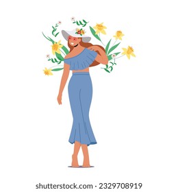 Female Character in Hat, Long Blue Skirt and Top. Gorgeous Woman Adorned In Vibrant Summer Outfits, Complemented By The Delicate Beauty Of Flowers. Cartoon People Vector Illustration