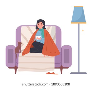 Female character having cold. Cat owner is sick at home vector illustration on white background. The kitten sits next to the woman and looks at her. Girl being treated for flu with special drink